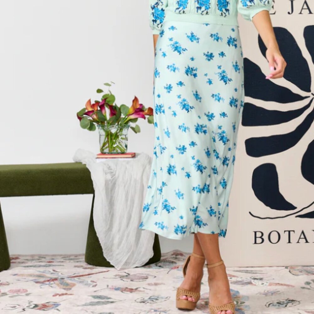 New S Foam Mint Green Satin Slip Skirt Blue Flowers Anthro  Long Midi Maxi